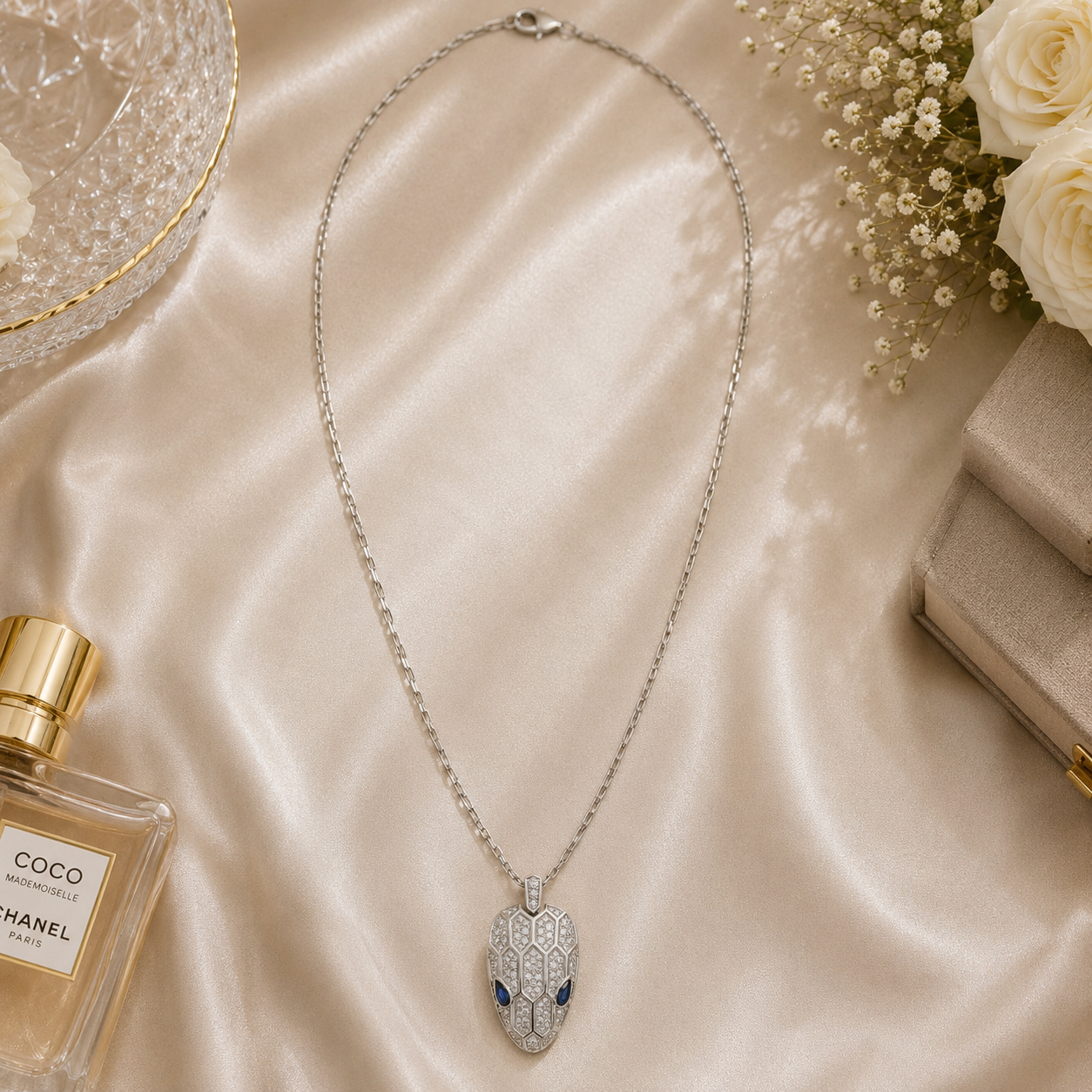 White Gold Serpent Charm Necklace with Sapphires