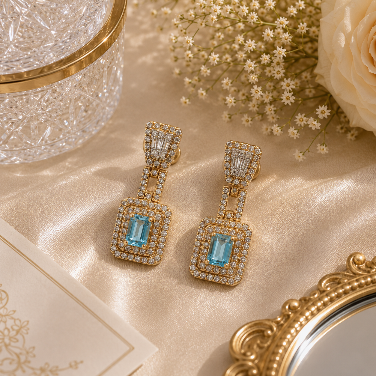 Yellow Gold Blue Topaz Double Halo Drop Earrings / ARRR-DUUDE E246362-062925