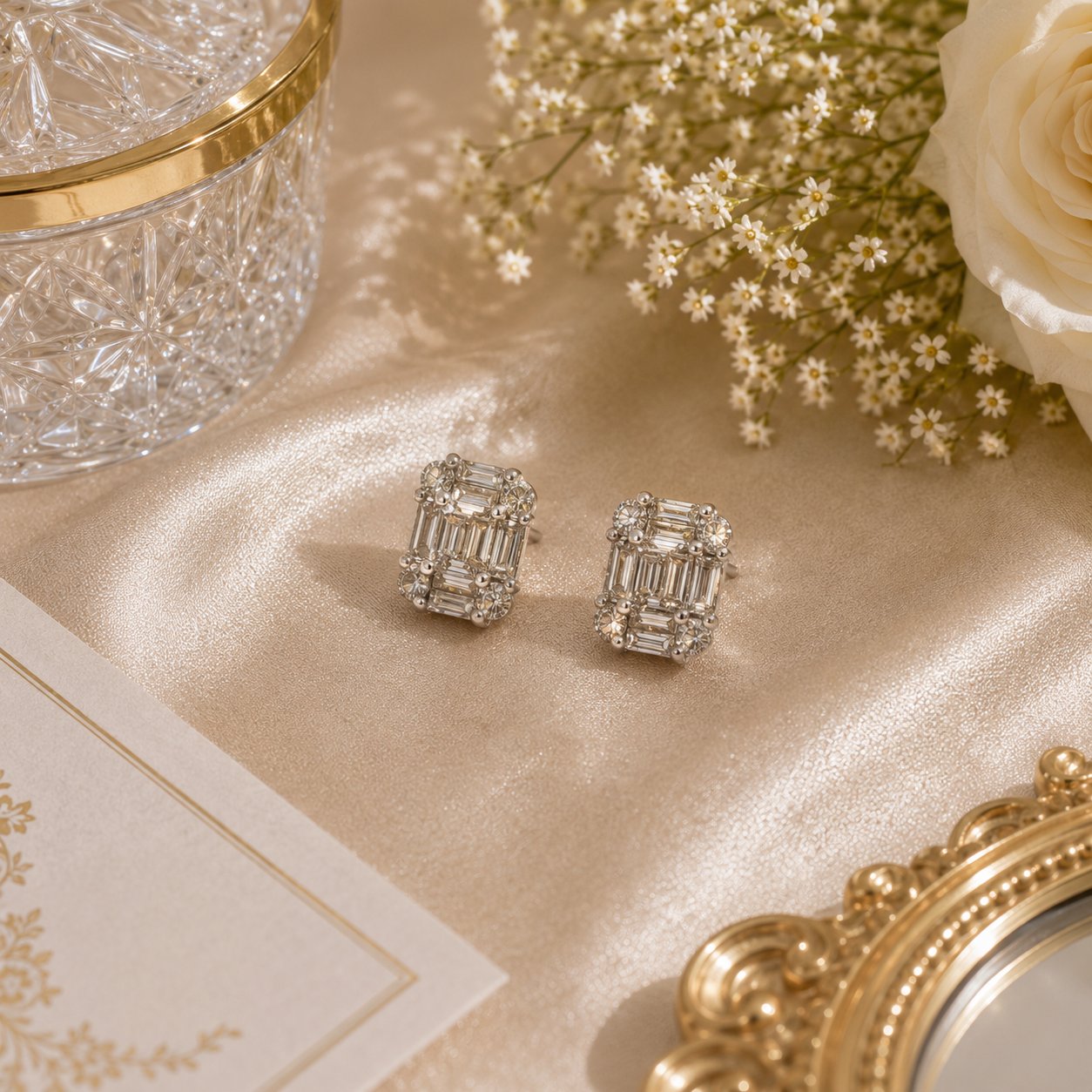 Baguette and Round Diamond Cluster Earrings in White Gold / OUE-RDLEE S24352-0417