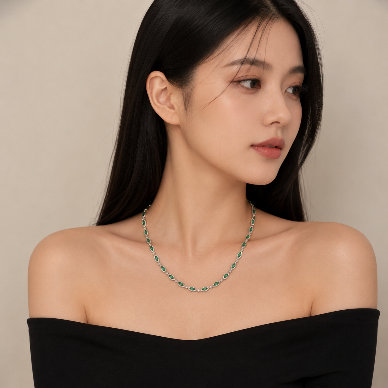 Marquise Tsavorite and Diamond Tennis Necklace — White Gold / OOLE-RDRLEE