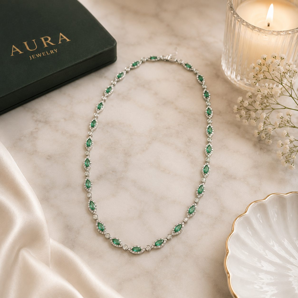 Marquise Tsavorite and Diamond Tennis Necklace — White Gold / OOLE-RDRLEE