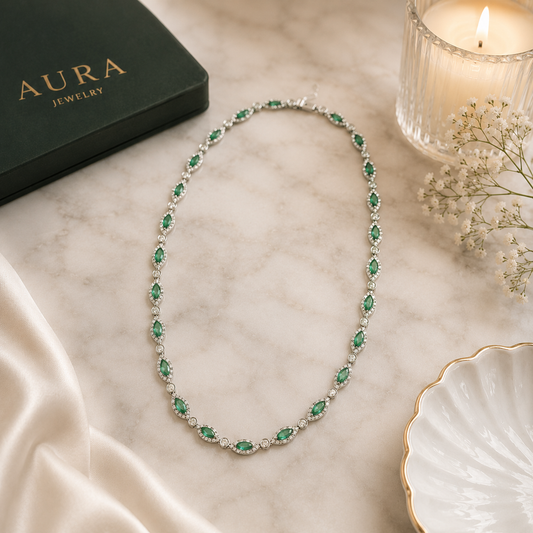 Marquise Tsavorite and Diamond Tennis Necklace — White Gold / OOLE-RDRLEE