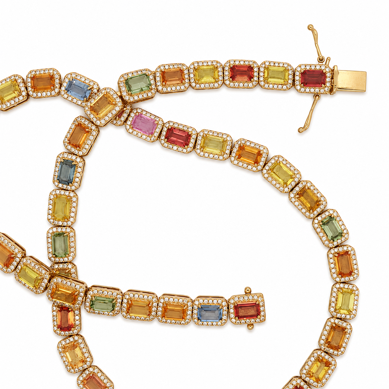 Multi-Color Sapphire Halo Chain Bracelet and Necklace in Yellow Gold
