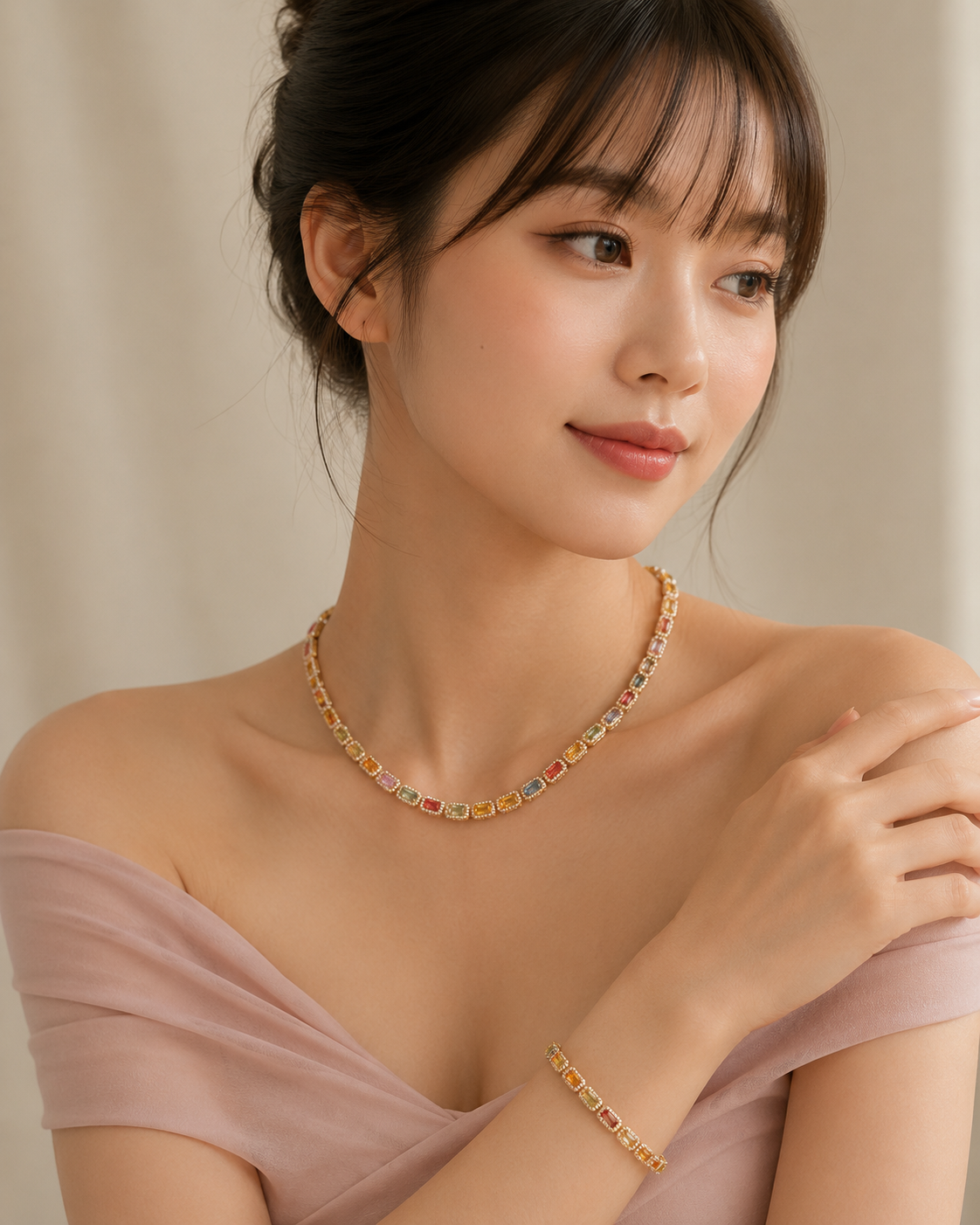 Multi-Color Sapphire Halo Chain Bracelet and Necklace in Yellow Gold