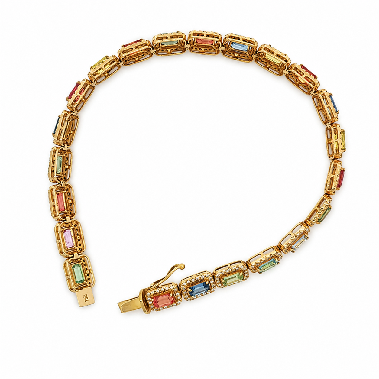 Multi-Color Sapphire Halo Chain Bracelet and Necklace in Yellow Gold