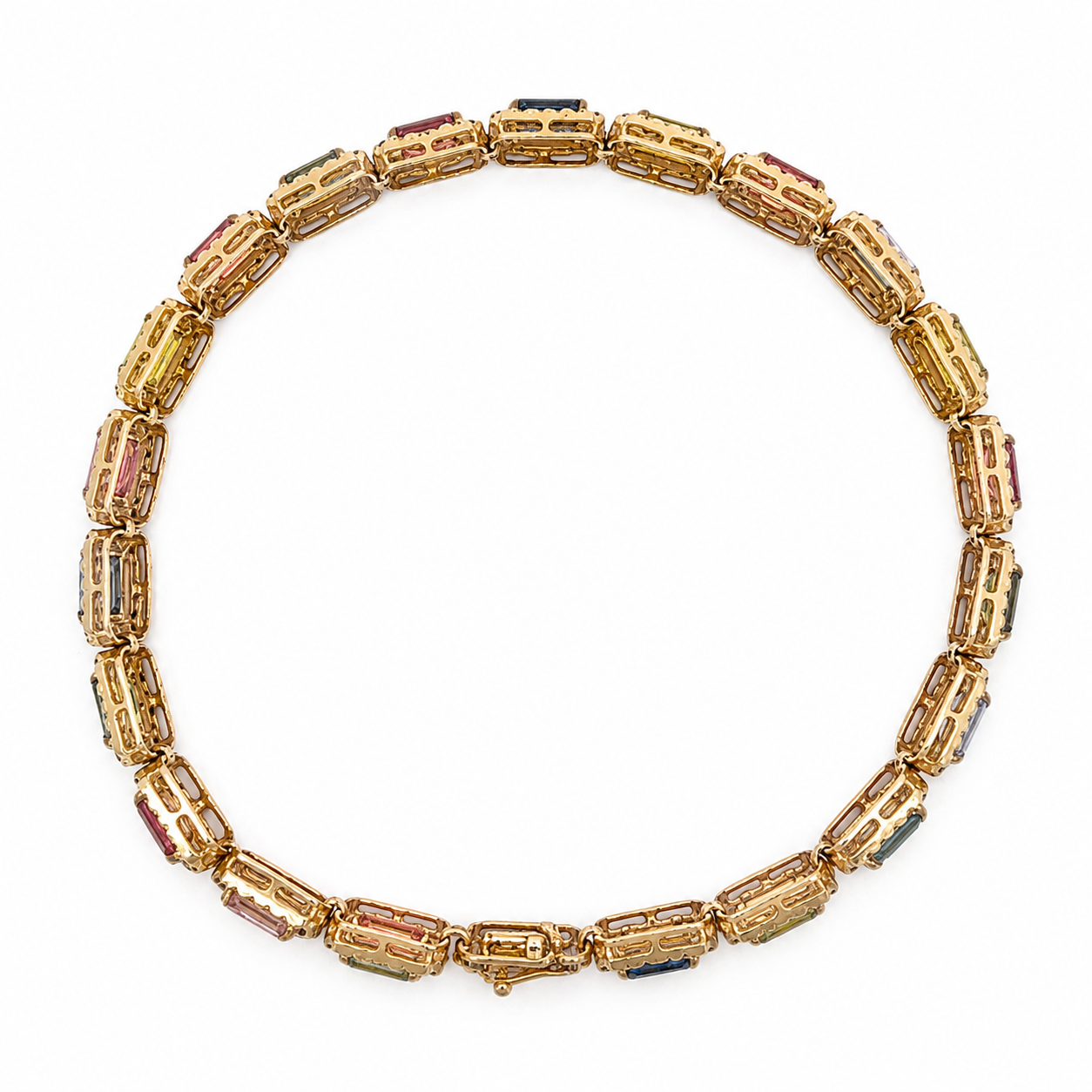Multi-Color Sapphire Halo Chain Bracelet and Necklace in Yellow Gold