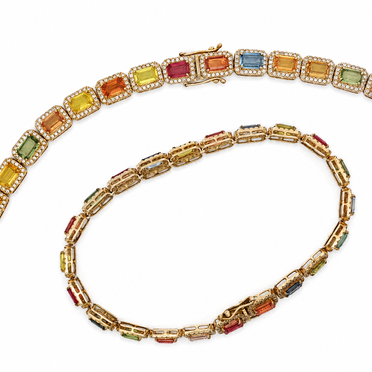 Multi-Color Sapphire Halo Chain Bracelet and Necklace in Yellow Gold