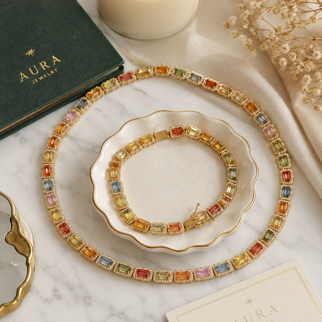 Multi-Color Sapphire Halo Chain Bracelet and Necklace in Yellow Gold