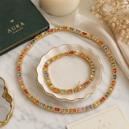 Multi-Color Sapphire Halo Chain Bracelet and Necklace in Yellow Gold