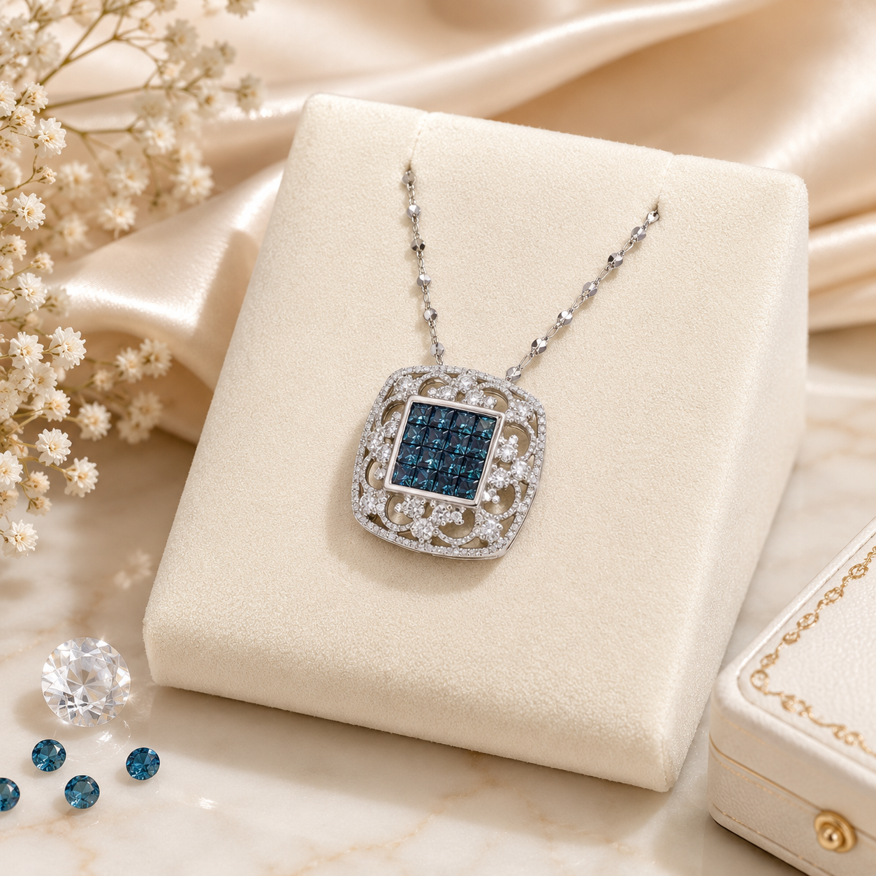 Fancy Deep Blue Diamond Filigree Pendant in White Gold