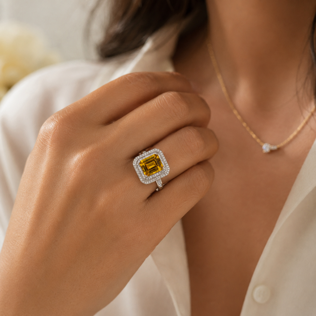 Vivid Yellow Sapphire Double Halo Cocktail Ring — White Gold