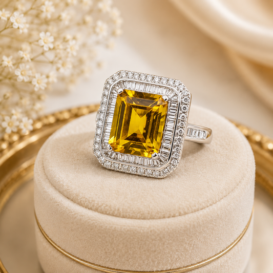 Vivid Yellow Sapphire Double Halo Cocktail Ring — White Gold