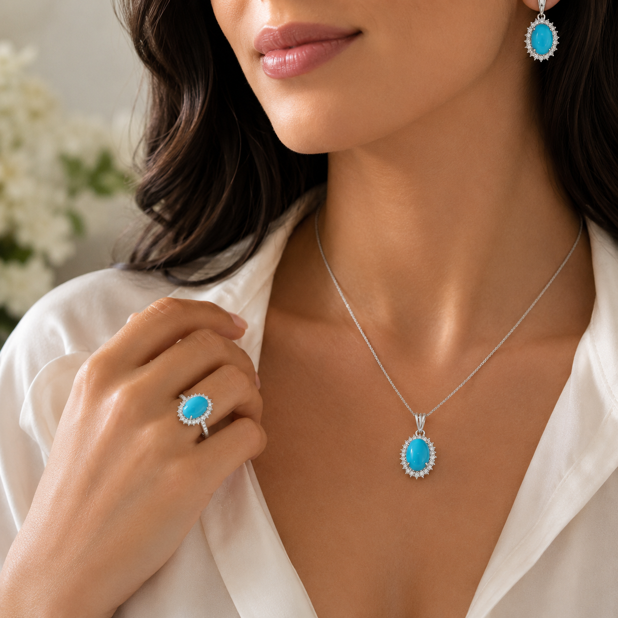 Sleeping Beauty Turquoise Diamond Halo Jewelry Set