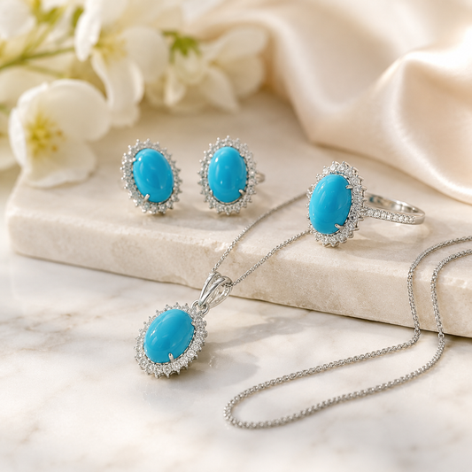 Sleeping Beauty Turquoise Diamond Halo Jewelry Set