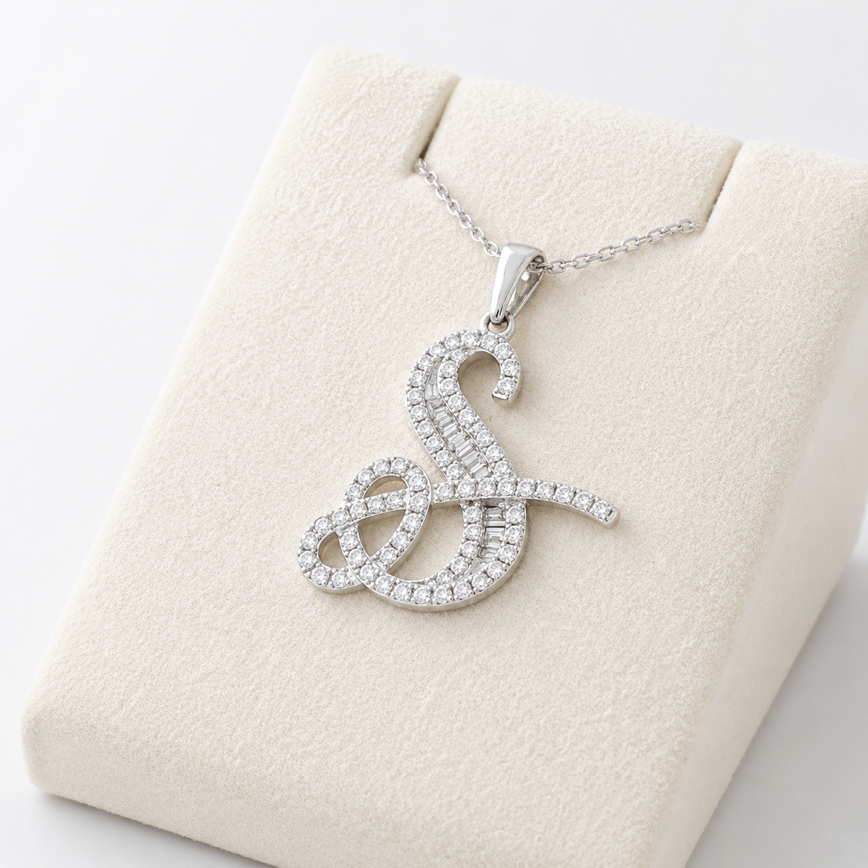 White Gold Diamond Script Initial S Pendant Necklace