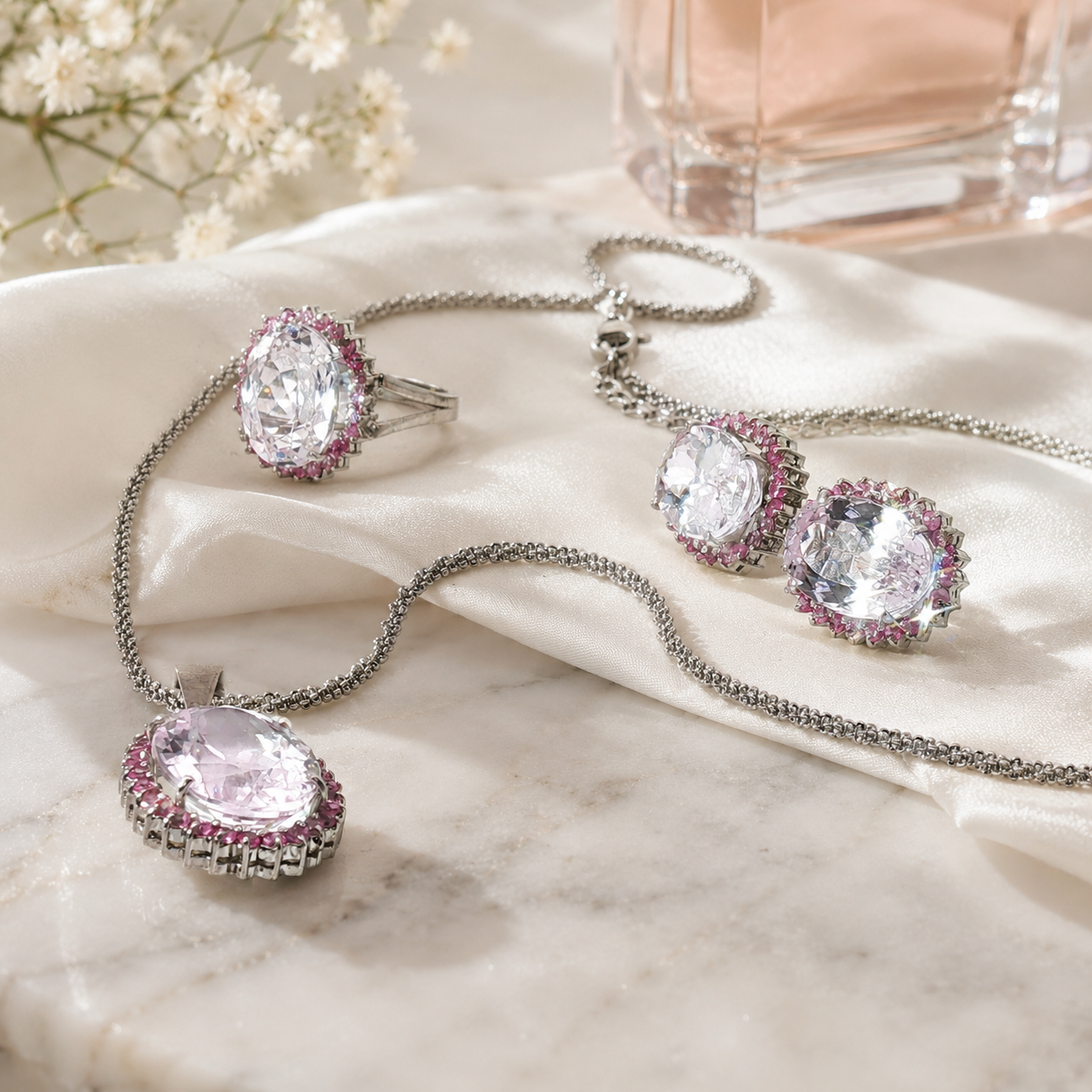 White Gold Pink Morganite and Sapphire Halo Jewelry Set
