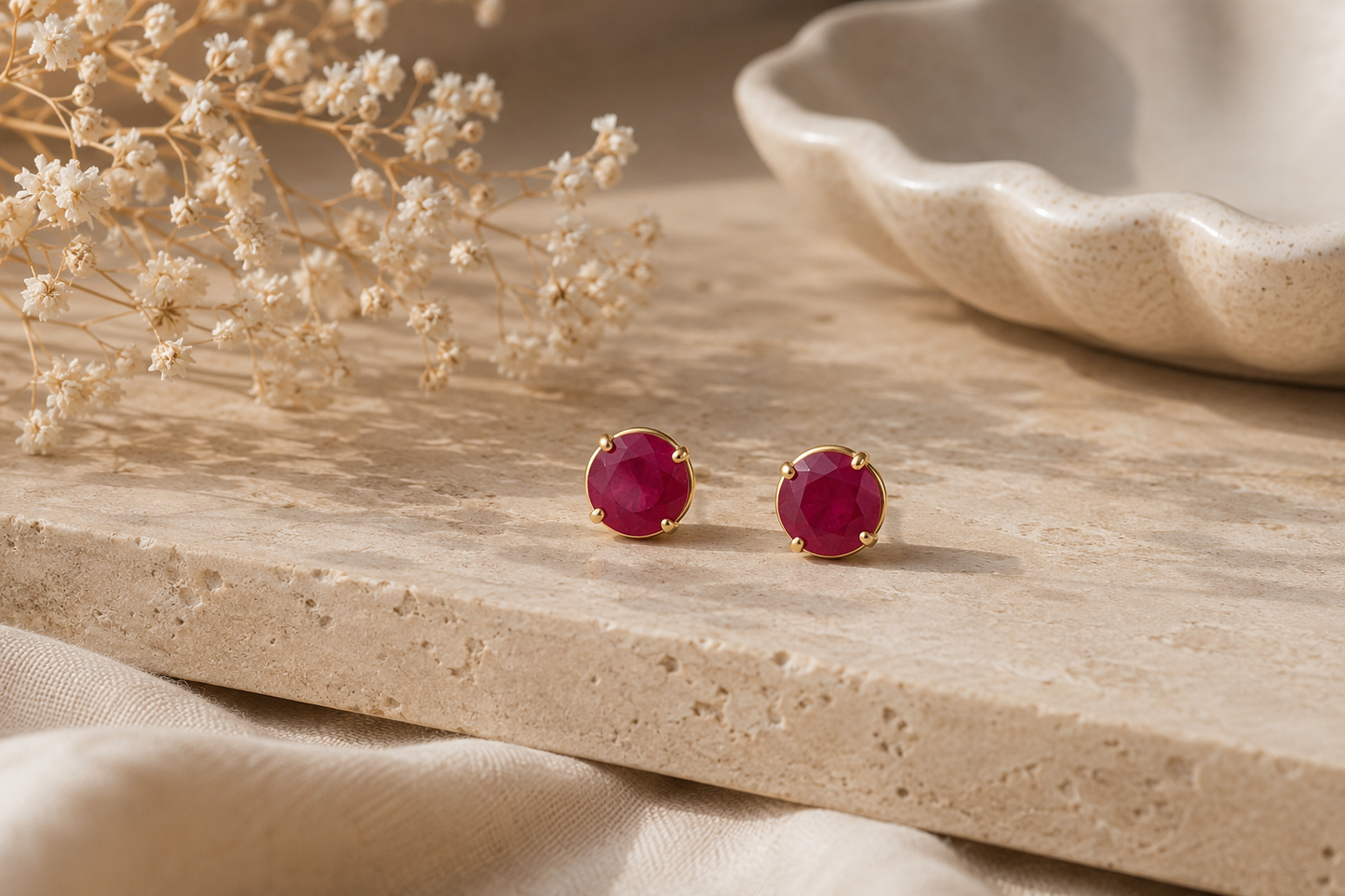 Round Red Ruby Stud Earrings in Yellow Gold