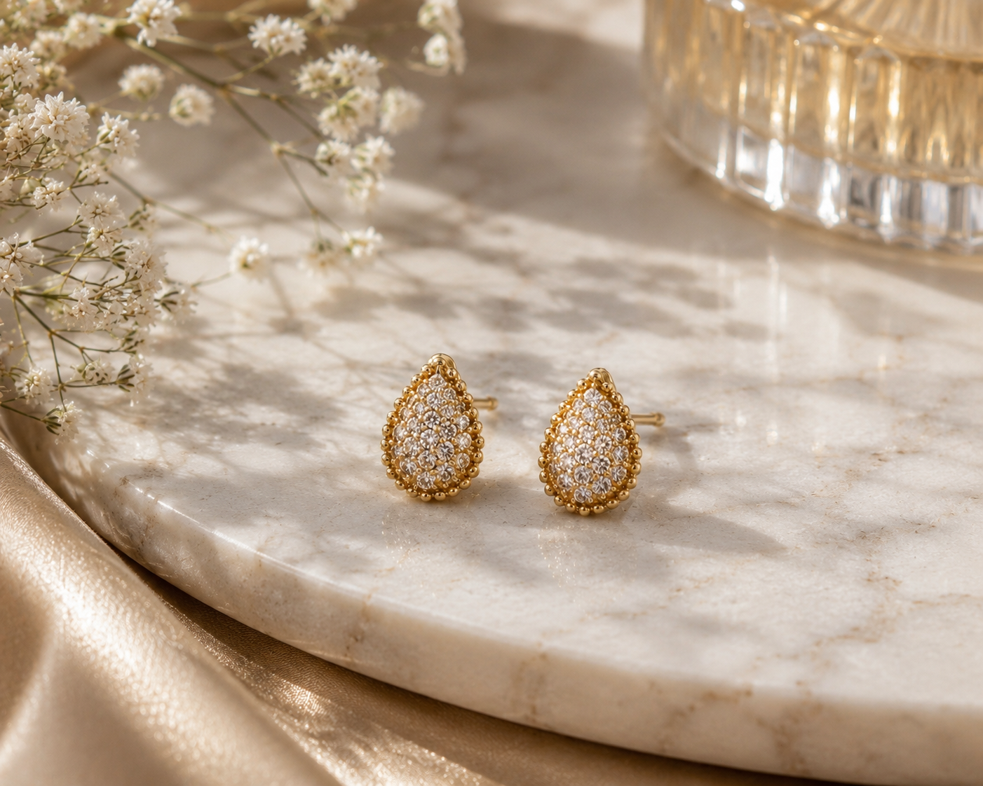 Boucheron Inspired Teardrop Diamond Stud Earrings — Yellow Gold