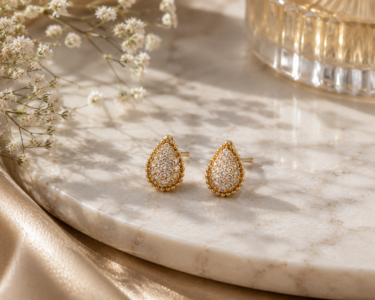 Boucheron Inspired Teardrop Diamond Stud Earrings — Yellow Gold