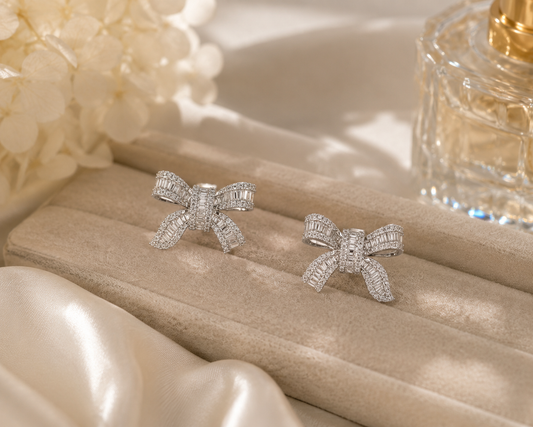 Diamond Bow Stud Earrings in White Gold