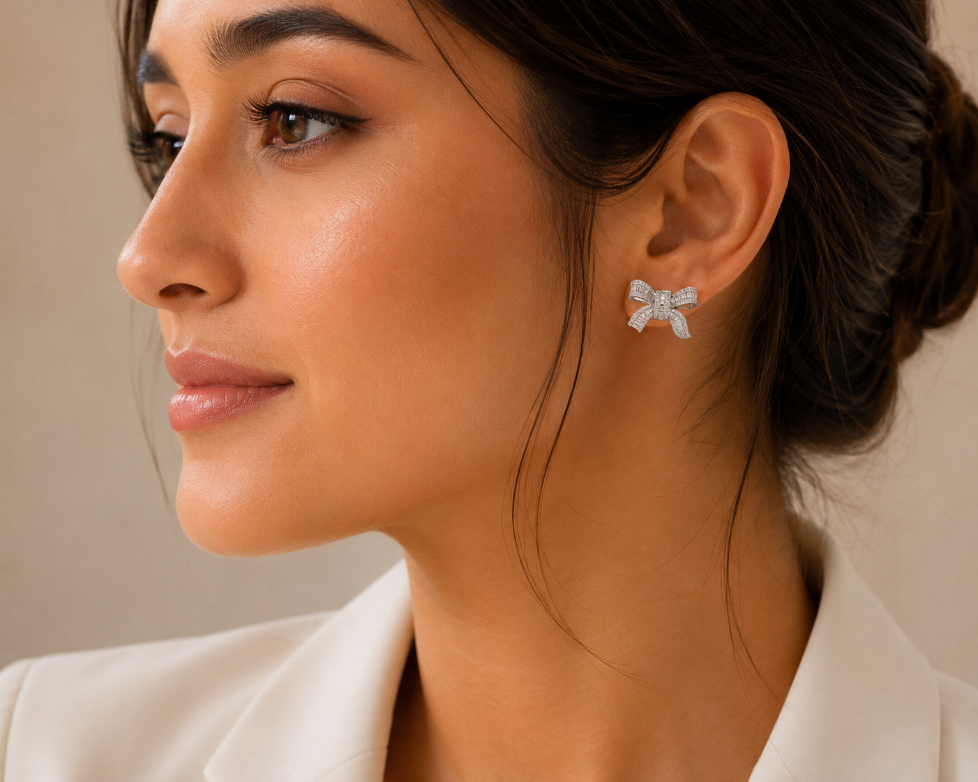 Diamond Bow Stud Earrings in White Gold
