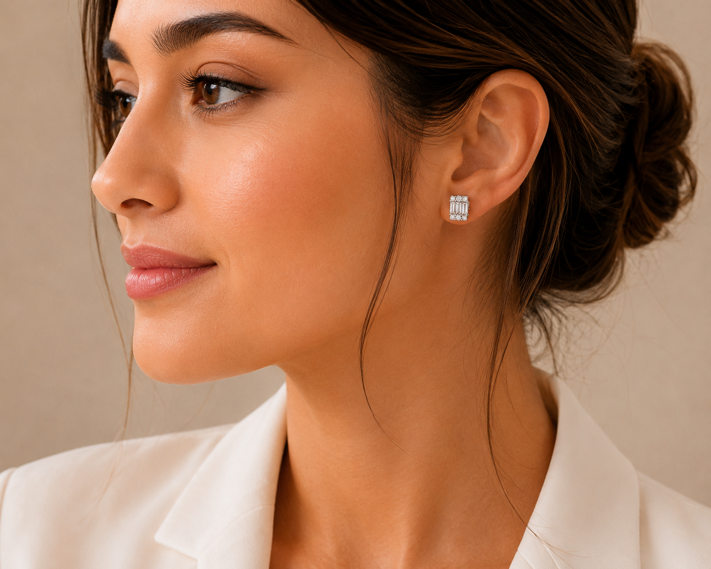 Rectangular Baguette Diamond Stud Earrings in White Gold