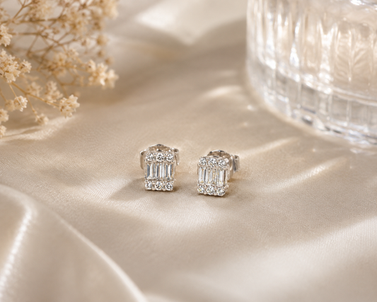 Rectangular Baguette Diamond Stud Earrings in White Gold