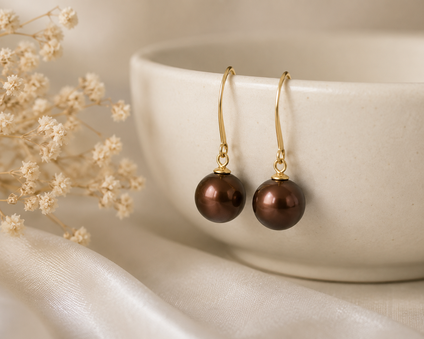 Yellow Gold Brown Pearl Drop Earrings