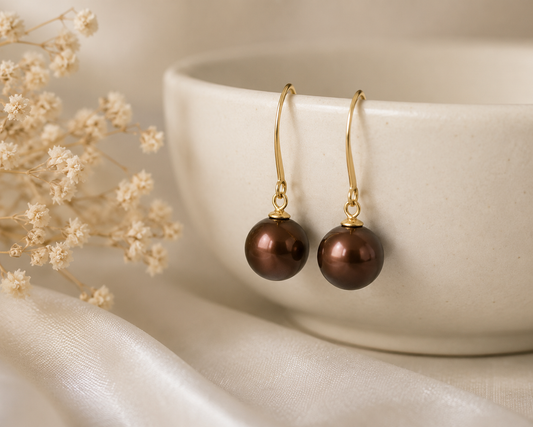 Yellow Gold Brown Pearl Drop Earrings