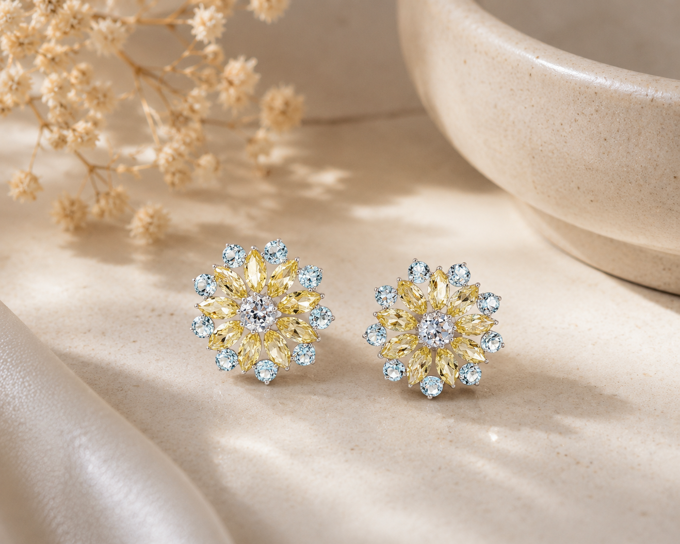 Floral Beryl Cluster Earrings in White Gold