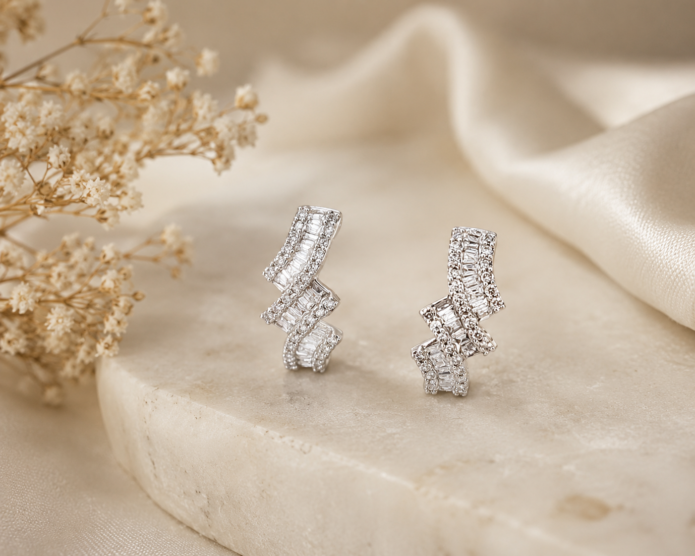 Renee Dia Diamond Ribbon Drop Earrings in White Gold