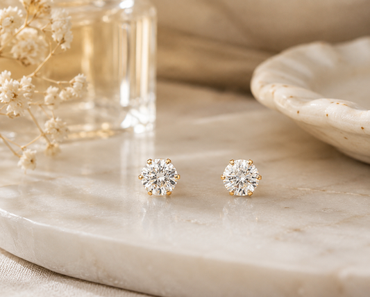 Yellow Gold Round Diamond Stud Earrings