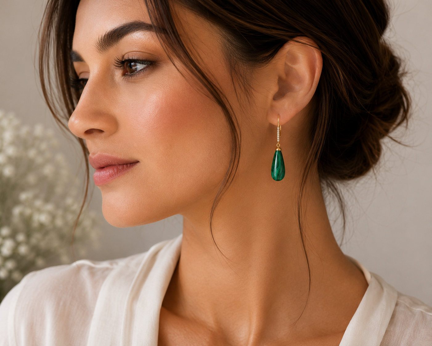 Yellow Gold Malachite Drop Earrings with Diamond Accents