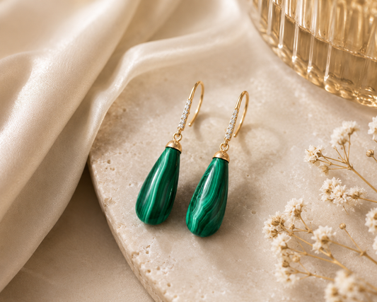 Yellow Gold Malachite Drop Earrings with Diamond Accents