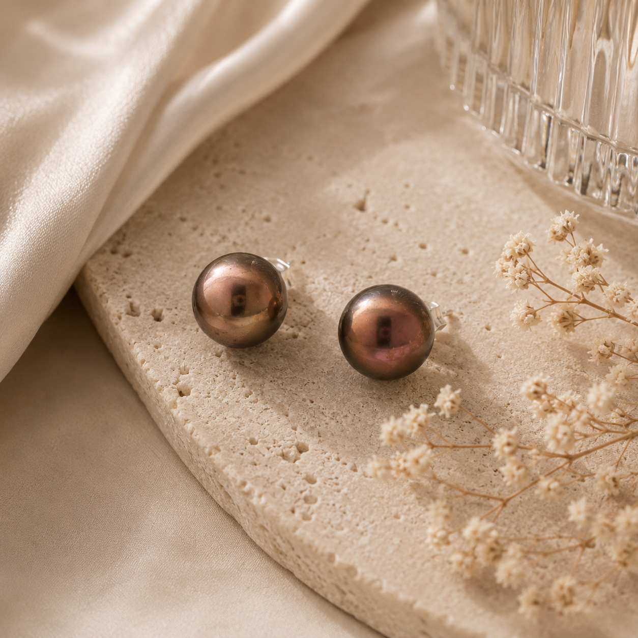 Chocolate Pearl Stud Earrings in White Gold