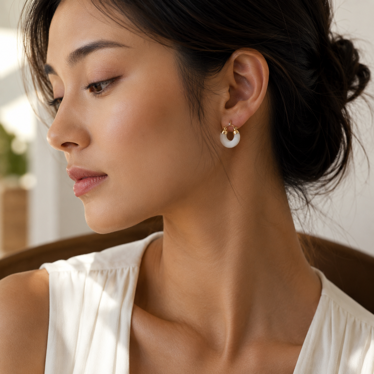 Elongated White Quartz Drop Earrings in Yellow Gold