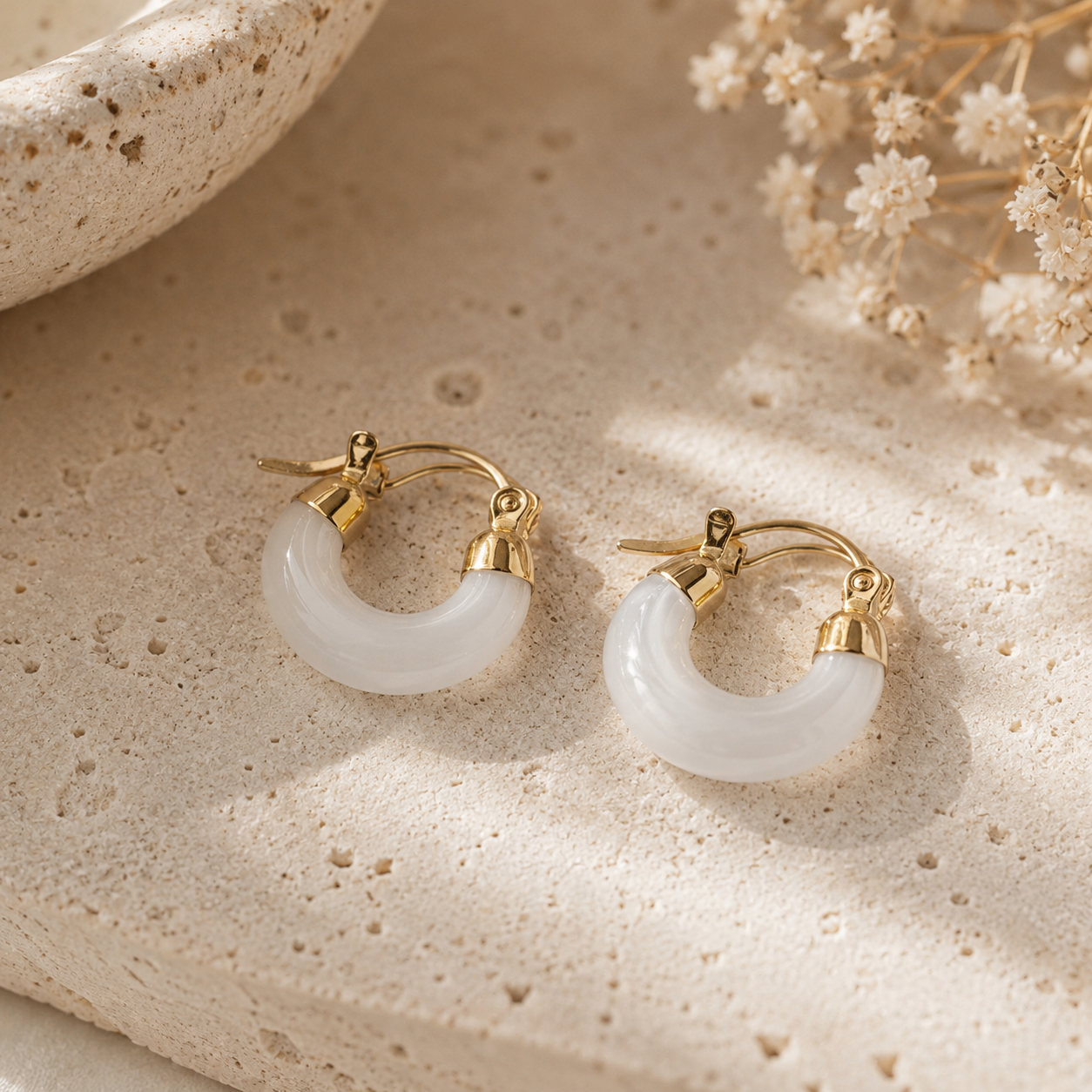 Elongated White Quartz Drop Earrings in Yellow Gold