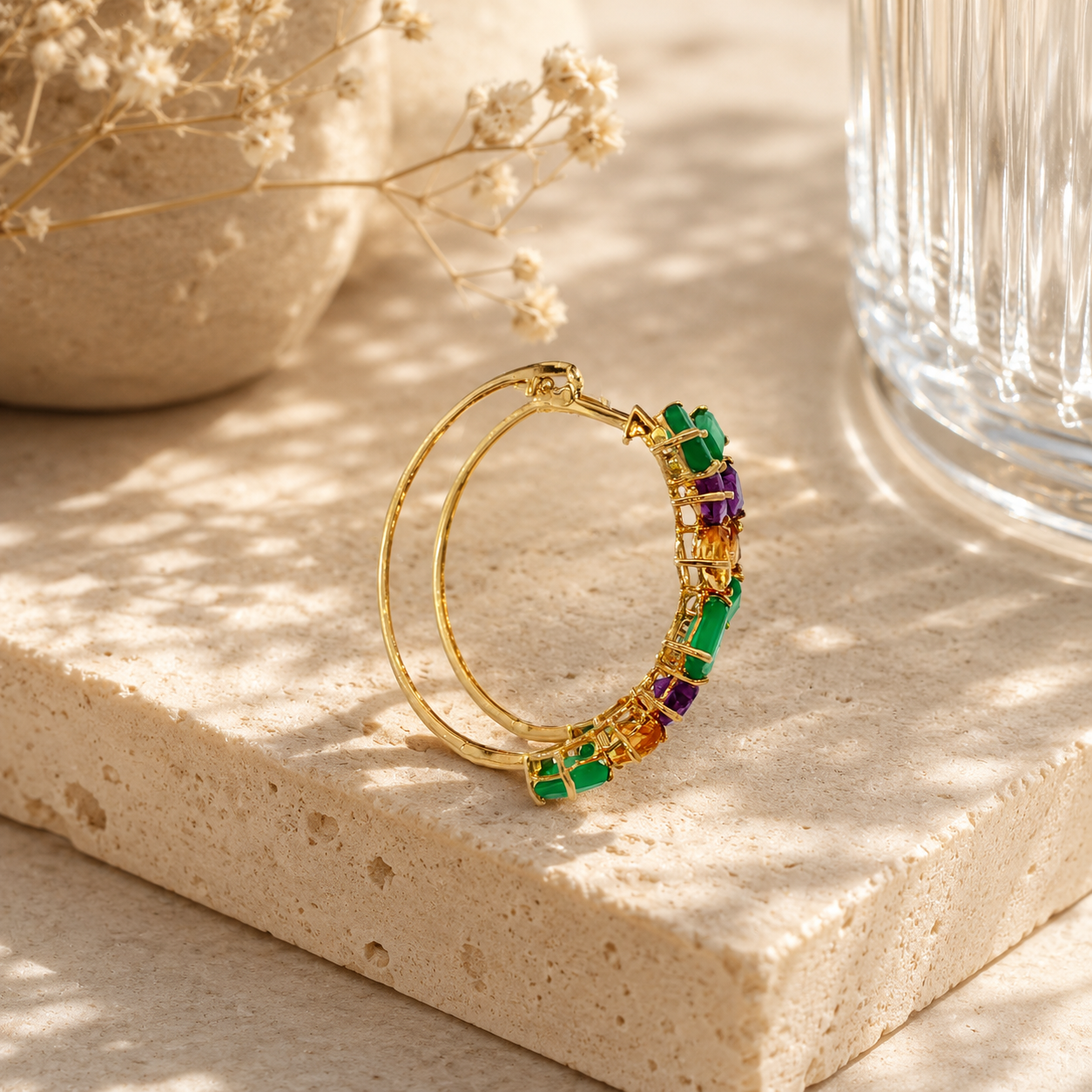 Yellow Gold Multi-Gemstone Hoop Earrings with Emeralds
