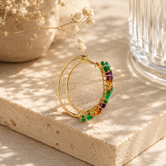 Yellow Gold Multi-Gemstone Hoop Earrings with Emeralds