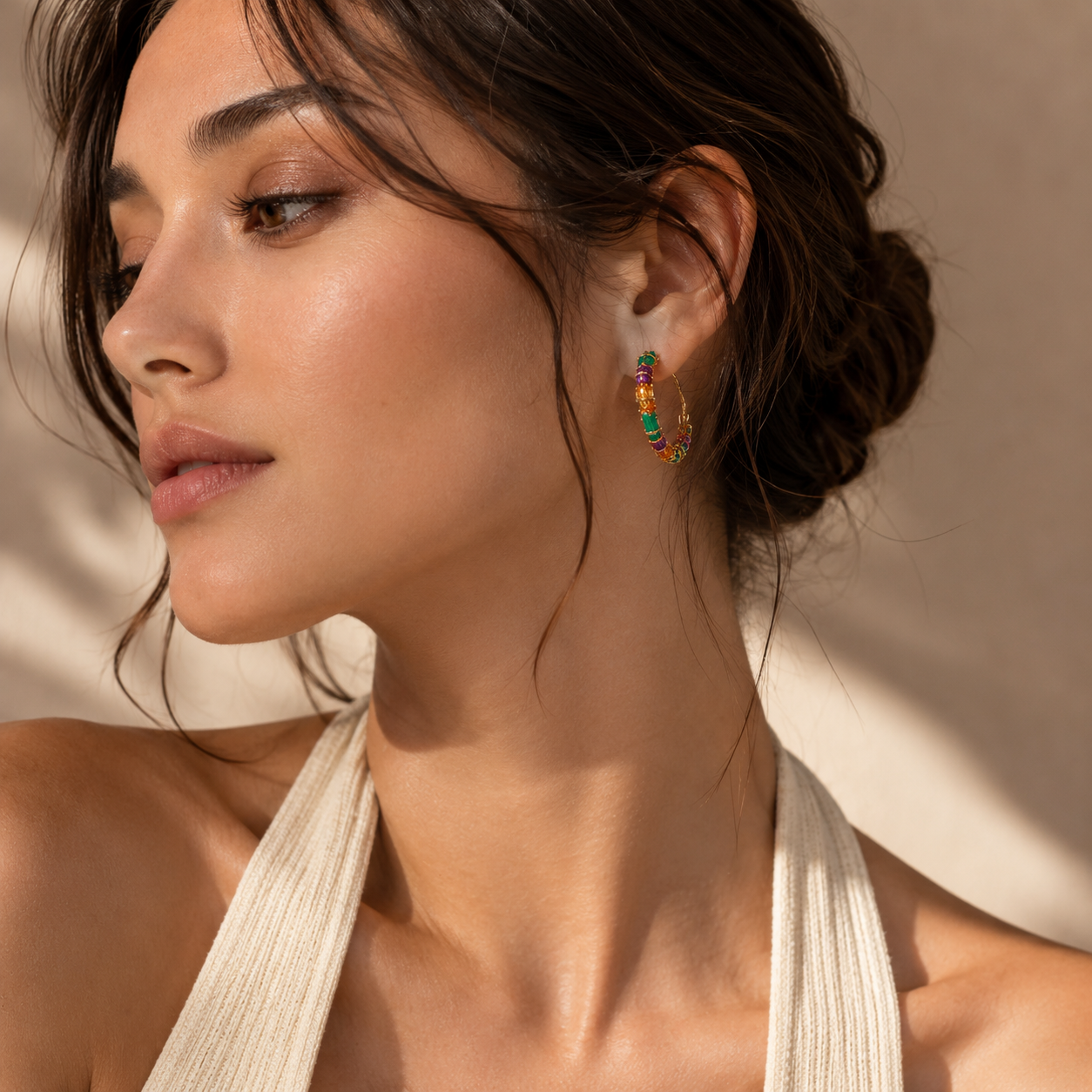 Yellow Gold Multi-Gemstone Hoop Earrings with Emeralds