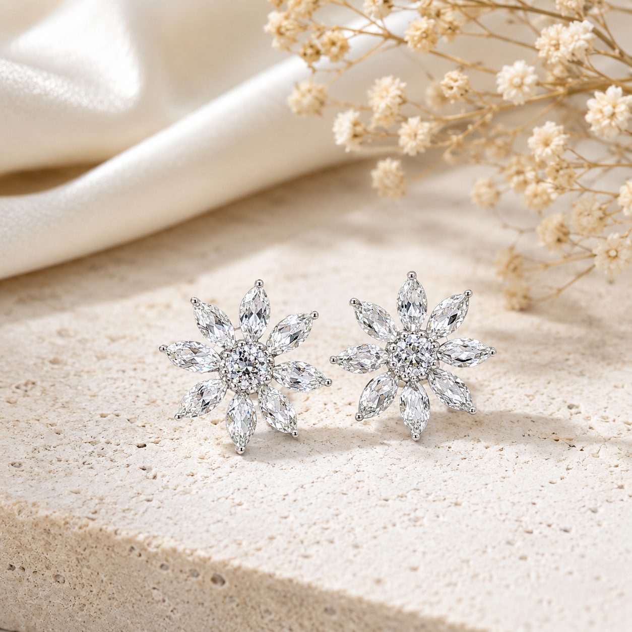 Diamond Floral Cluster Earrings in White Gold