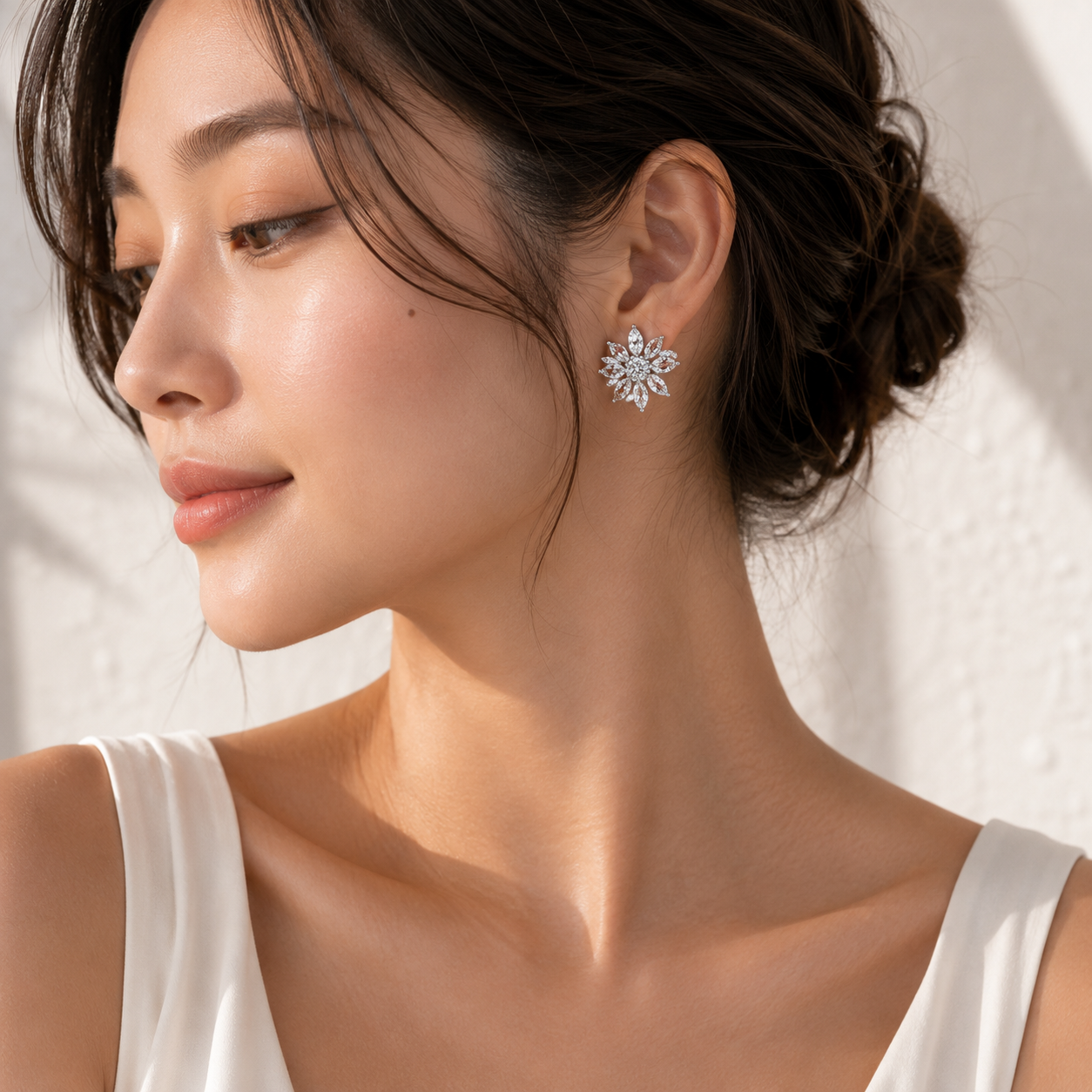 Diamond Floral Cluster Earrings in White Gold