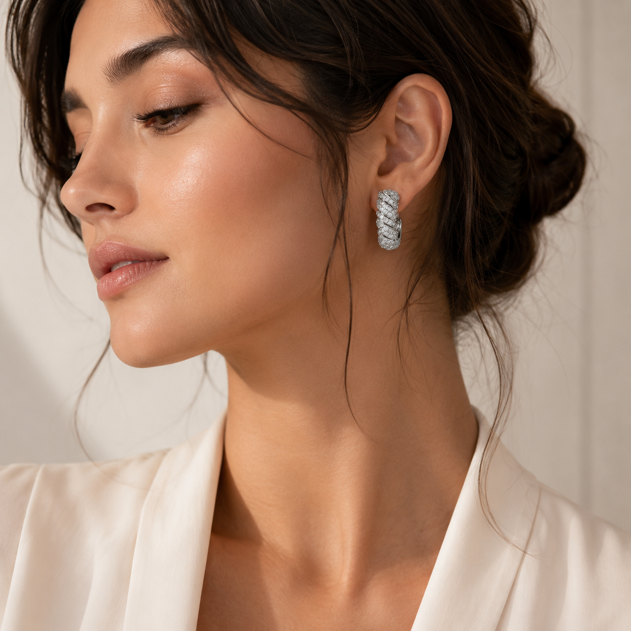 Twisted Pave Diamond Hoop Earrings in White Gold