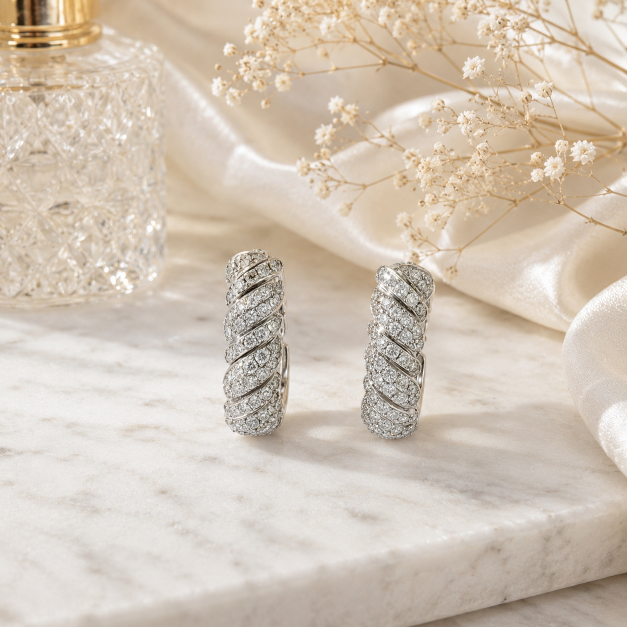 Twisted Pave Diamond Hoop Earrings in White Gold