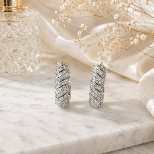 Twisted Pave Diamond Hoop Earrings in White Gold