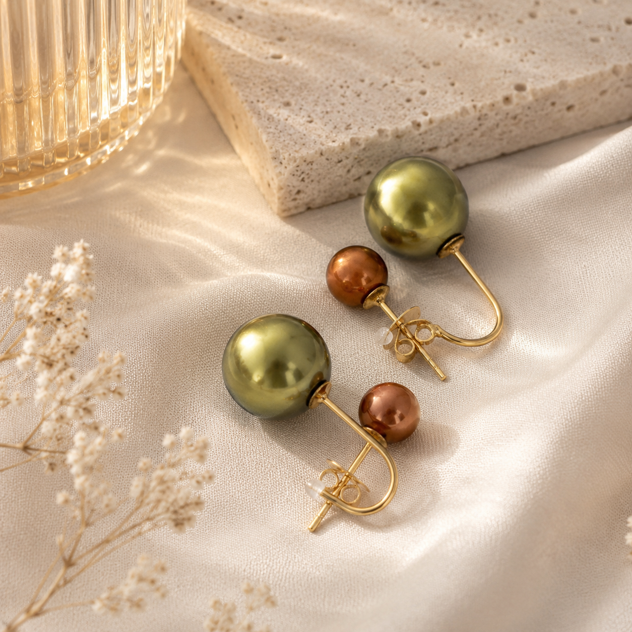 Two-Tone Pearl Wrap Earrings in Yellow Gold