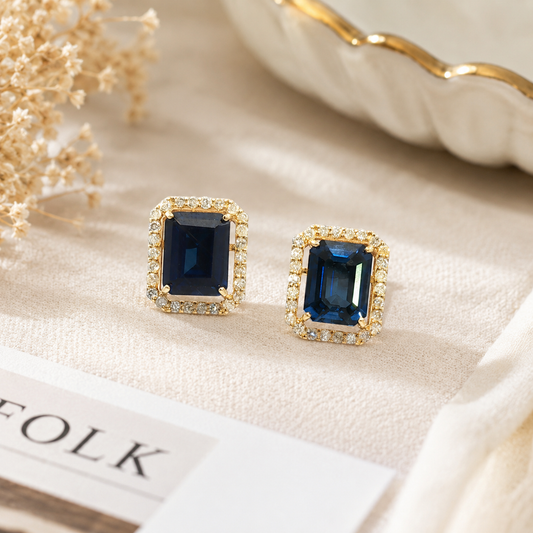 18k Yellow Gold Diamond and Royal Blue Sapphire Stud Earrings