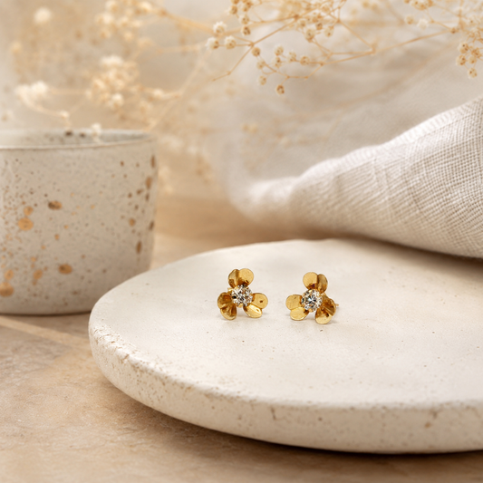 18K Yellow Gold Zircon Flower Stud Earrings