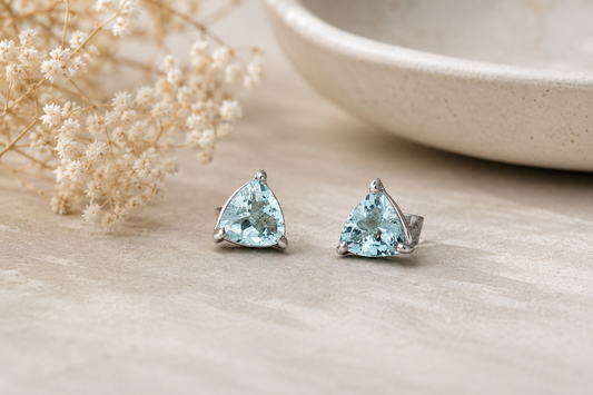 Trillion Cut Natural Aquamarine Stud Earrings in Silver