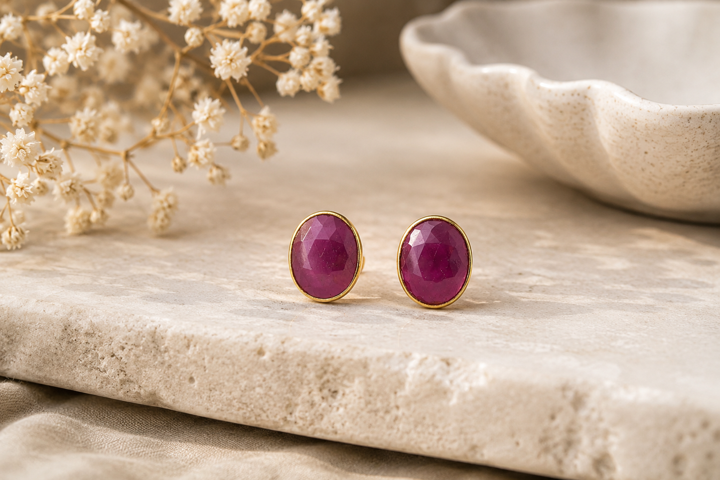 Yellow Gold Bezel-Set Purplish Red Ruby Stud Earrings
